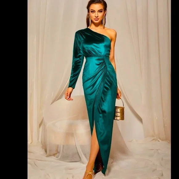 SHEIN Emerald Green Velvet One Shoulder Ruched Wrap Hem Dress